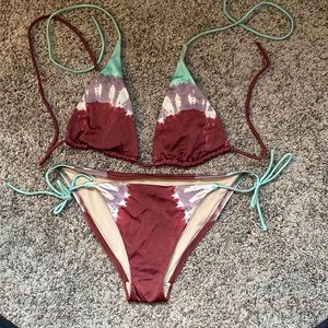 Victoria’s Secret tie dye bikini maroon red, grey-purple, and teal